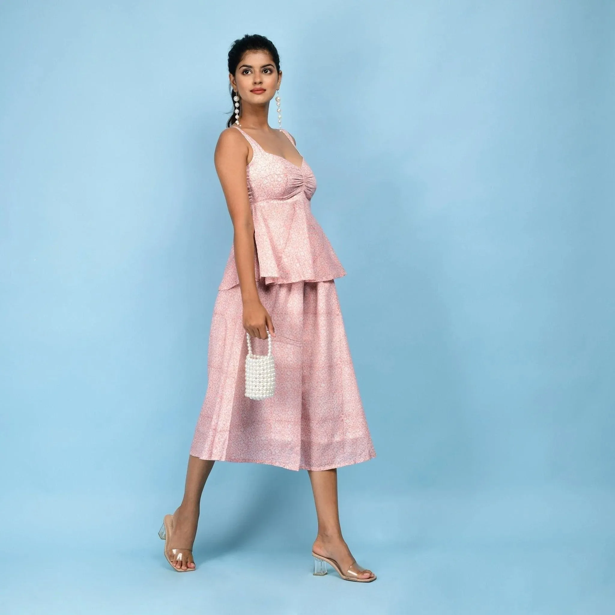 Powder Pink Paisley Block Printed Cotton Midi Skirt