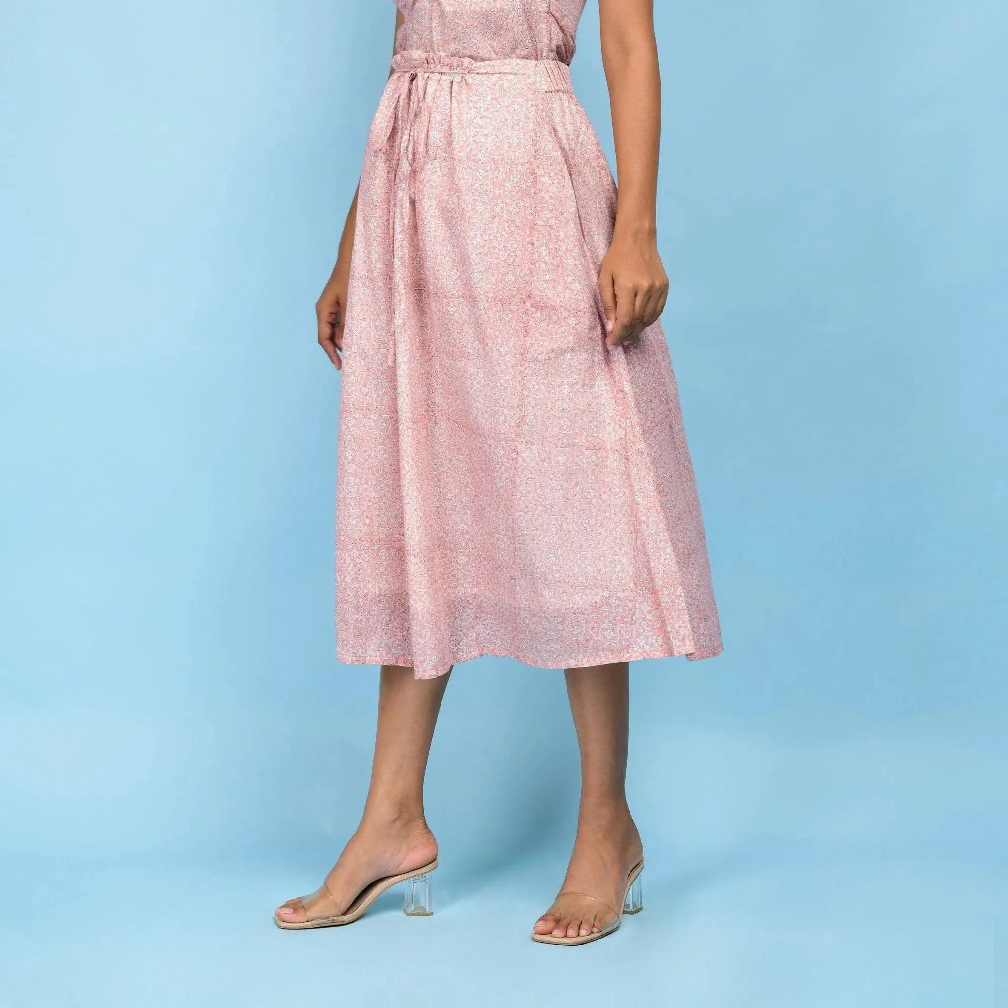 Powder Pink Paisley Block Printed Cotton Midi Skirt