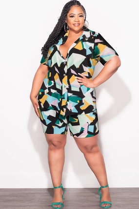 NonRestrictiveFit Comfortable fit Final Sale Plus Size 2pc Collar Button Up Top and Shorts Set in Mint Multi Color Print