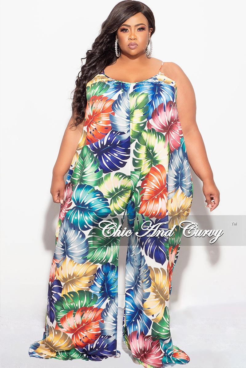 Final Sale Plus Size Jumpsuit with Spaghetti Straps in Multi-Color Palm Print Layering Comfort Non Slip Waist Grip