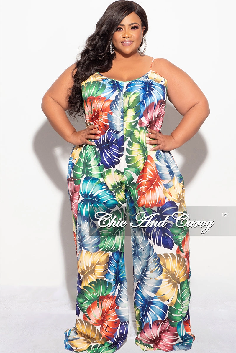 Performance Design Final Sale Plus Size Jumpsuit with Spaghetti Straps in Multi-Color Palm Print