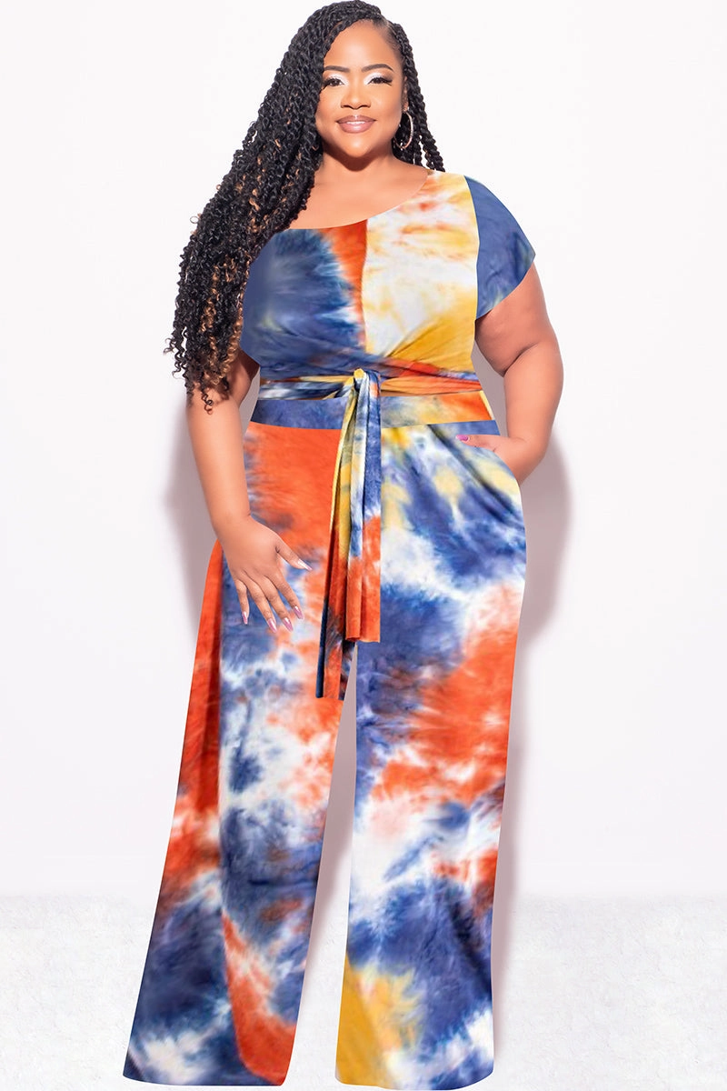 Body Shape Final Sale Plus Size 2pc Short Sleeve Tie Top and Pants Set in Rust Navy and Mustard Tie Dye Print