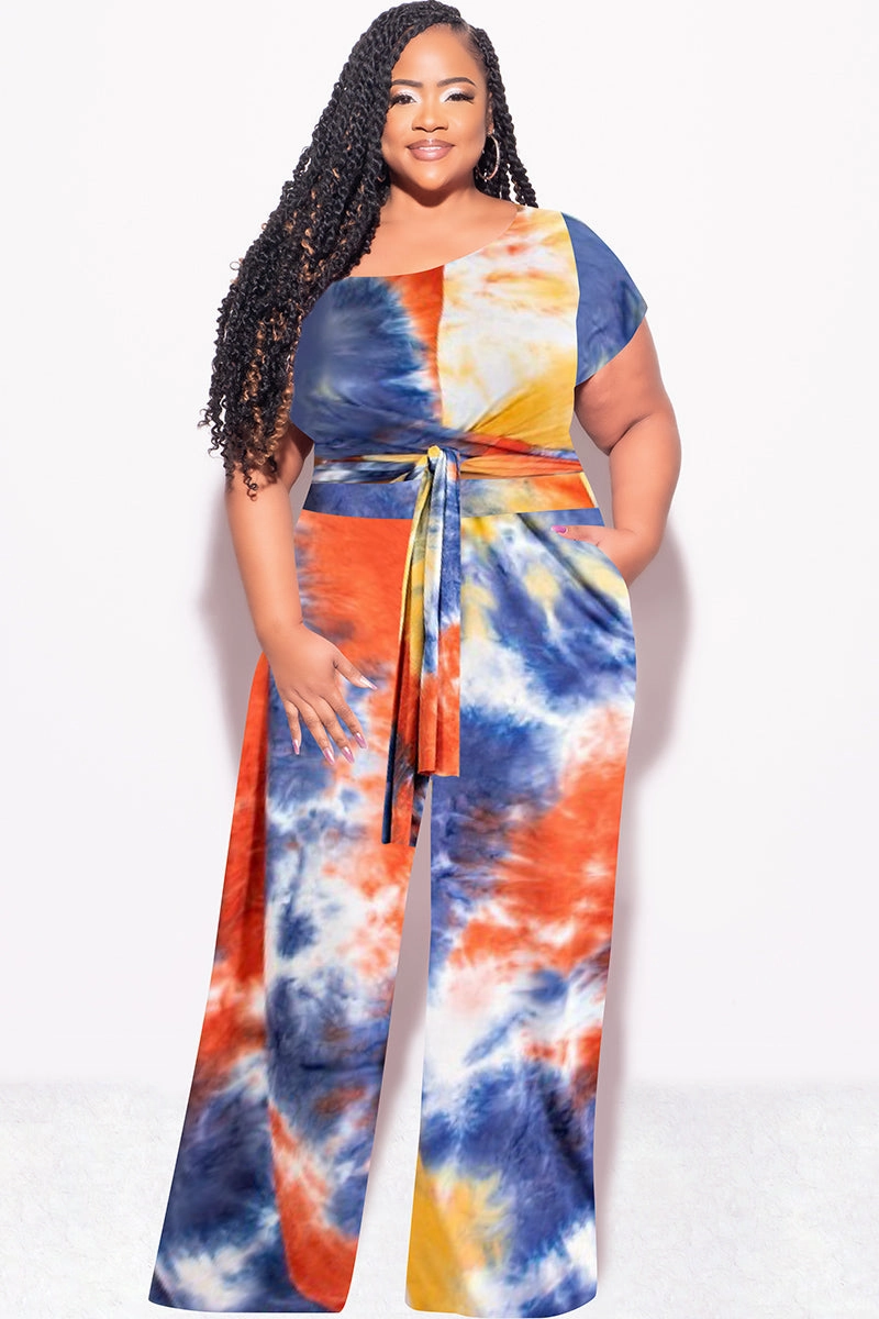 Sport Comfort Fit Fashion-Forward Final Sale Plus Size 2pc Short Sleeve Tie Top and Pants Set in Rust Navy and Mustard Tie Dye Print