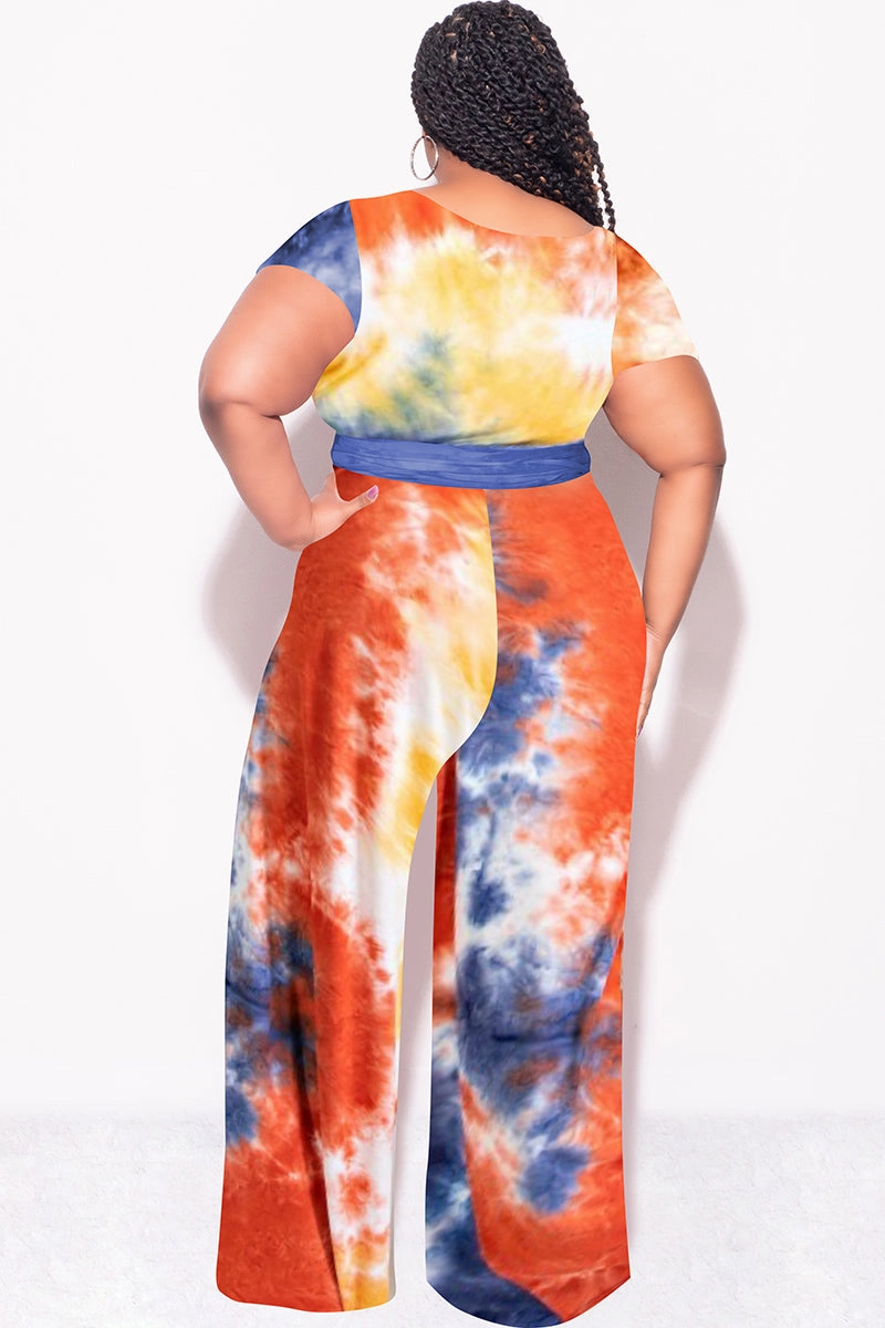 Final Sale Plus Size 2pc Short Sleeve Tie Top and Pants Set in Rust Navy and Mustard Tie Dye Print Freedom Motion