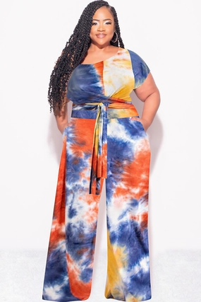 Final Sale Plus Size 2pc Short Sleeve Tie Top and Pants Set in Rust Navy and Mustard Tie Dye Print Flex Fit Design