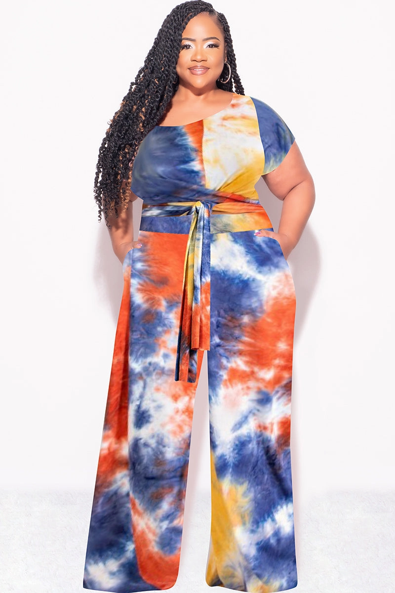 Final Sale Plus Size 2pc Short Sleeve Tie Top and Pants Set in Rust Navy and Mustard Tie Dye Print Tagless Labeling