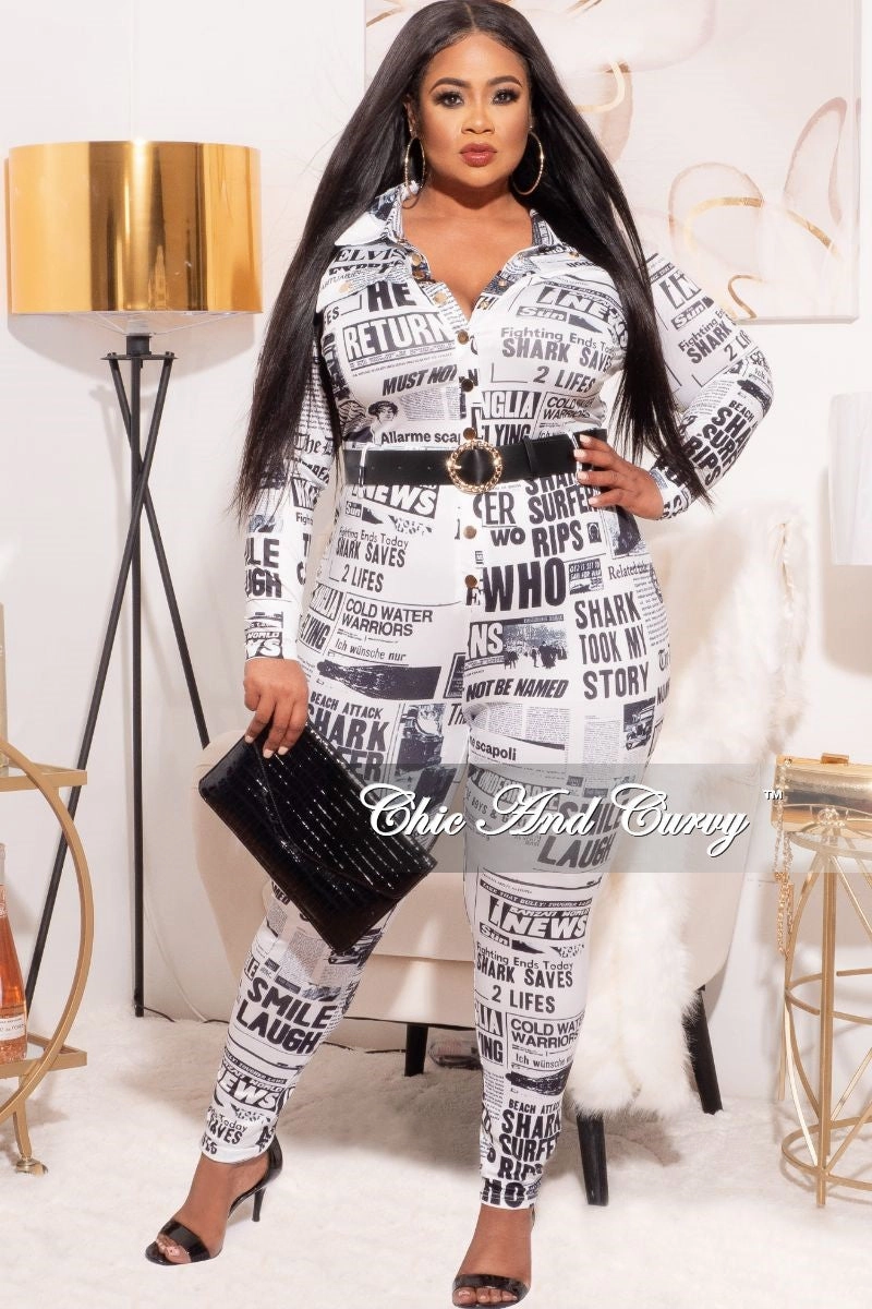 *Final Sale Plus Size NewsPrint Jumpsuit in Black & White Daily Motion