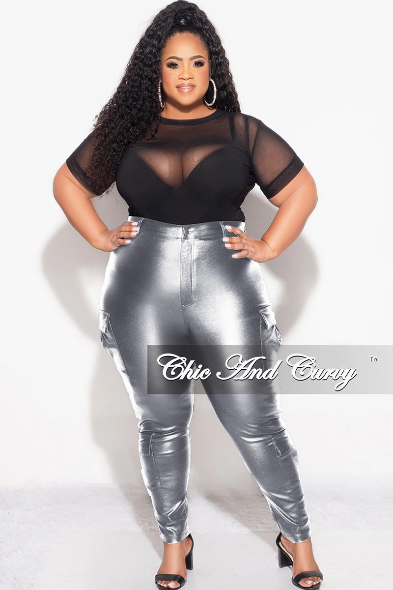 Durable Fit Final Sale Plus Size Slim Cargo Pants in Metallic Silver