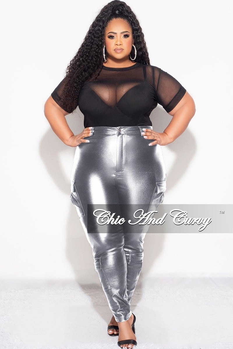 Final Sale Plus Size Slim Cargo Pants in Metallic Silver Stretch Support Fit sporty wear