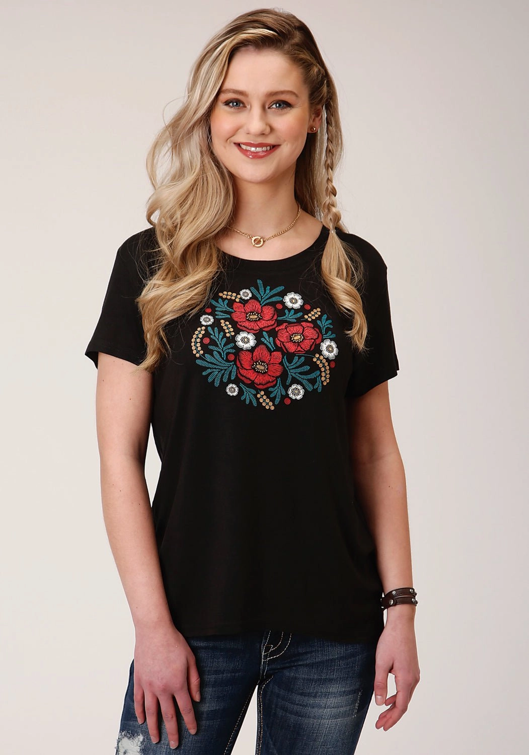 Roper Womens Black Poly/Rayon Floral S/S Boxy Fit T-Shirt Workwear Approved