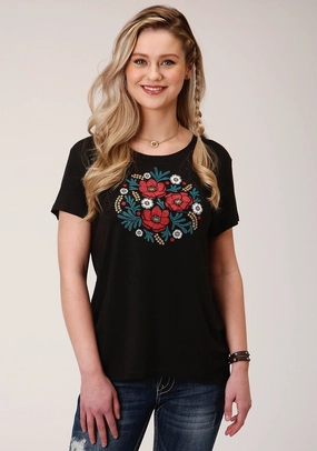 Roper Womens Black Poly/Rayon Floral S/S Boxy Fit T-Shirt Workwear Approved