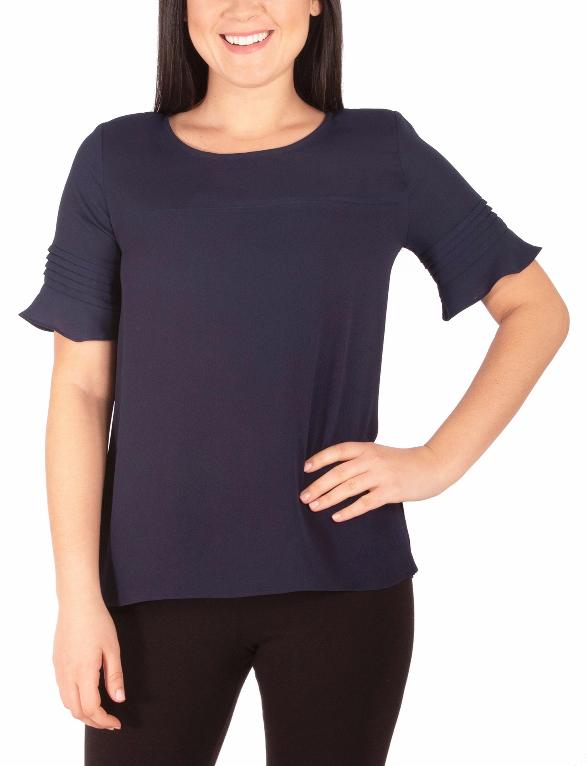 Four Way Stretch Fabric Petite Short Sleeve Dobby And Crepe Blouse