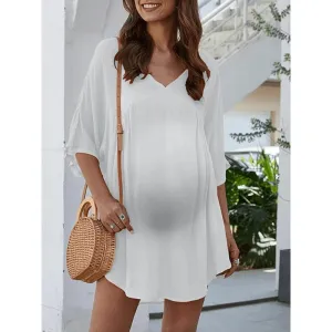 pregnant women fashion solid color short sleeve v-neck dress