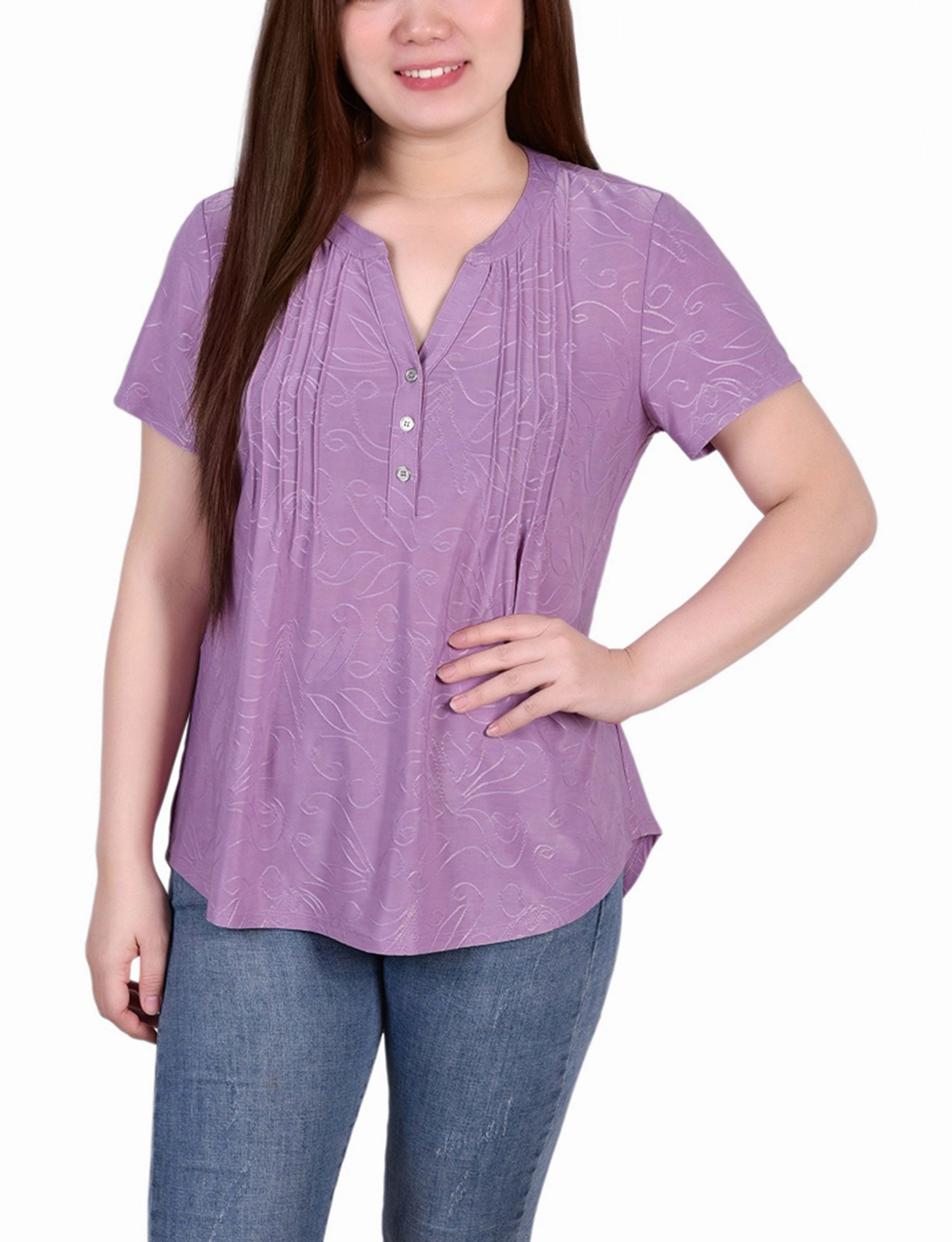 Short Sleeve Y Neck Jacquard Knit Top ThermalRegulation