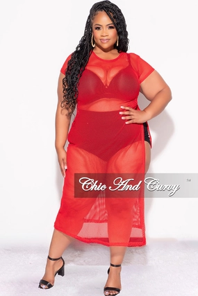 Convertible legs Soft Fabric Final Sale Plus Size Off the Shoulder Fishnet Dress with Side Slit in Red or White