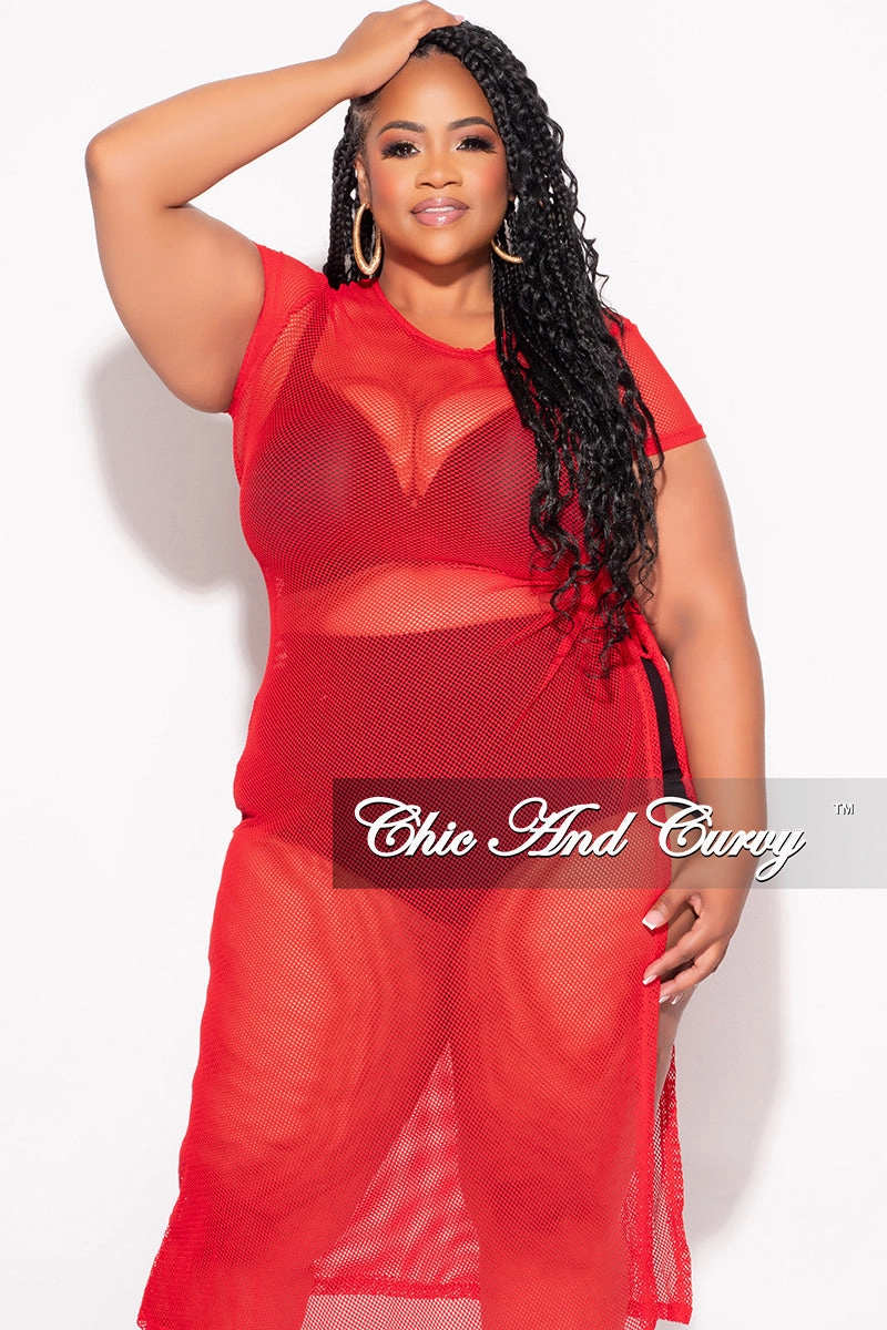 Final Sale Plus Size Off the Shoulder Fishnet Dress with Side Slit in Red or White Casual Layer