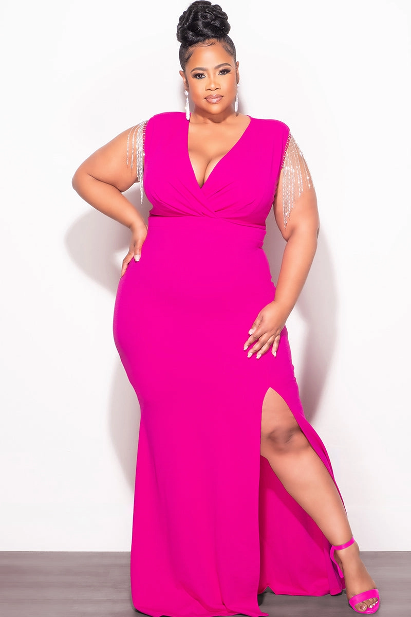 No Sagging Supportive Waistband Final Sale Plus Size Faux Wrap Rhinestone Fringe Sleeve Maxi Dress in Fuchsia