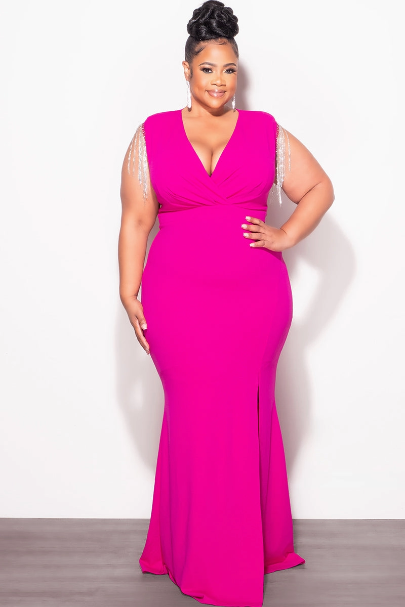 Casual Edge Supportive Fit Final Sale Plus Size Faux Wrap Rhinestone Fringe Sleeve Maxi Dress in Fuchsia