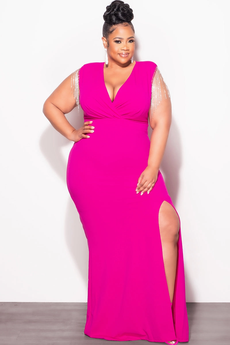 LightweightComfort Final Sale Plus Size Faux Wrap Rhinestone Fringe Sleeve Maxi Dress in Fuchsia