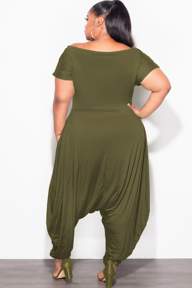DoubleLayeredHem Final Sale Plus Size Harem Jumpsuit in Olive Green