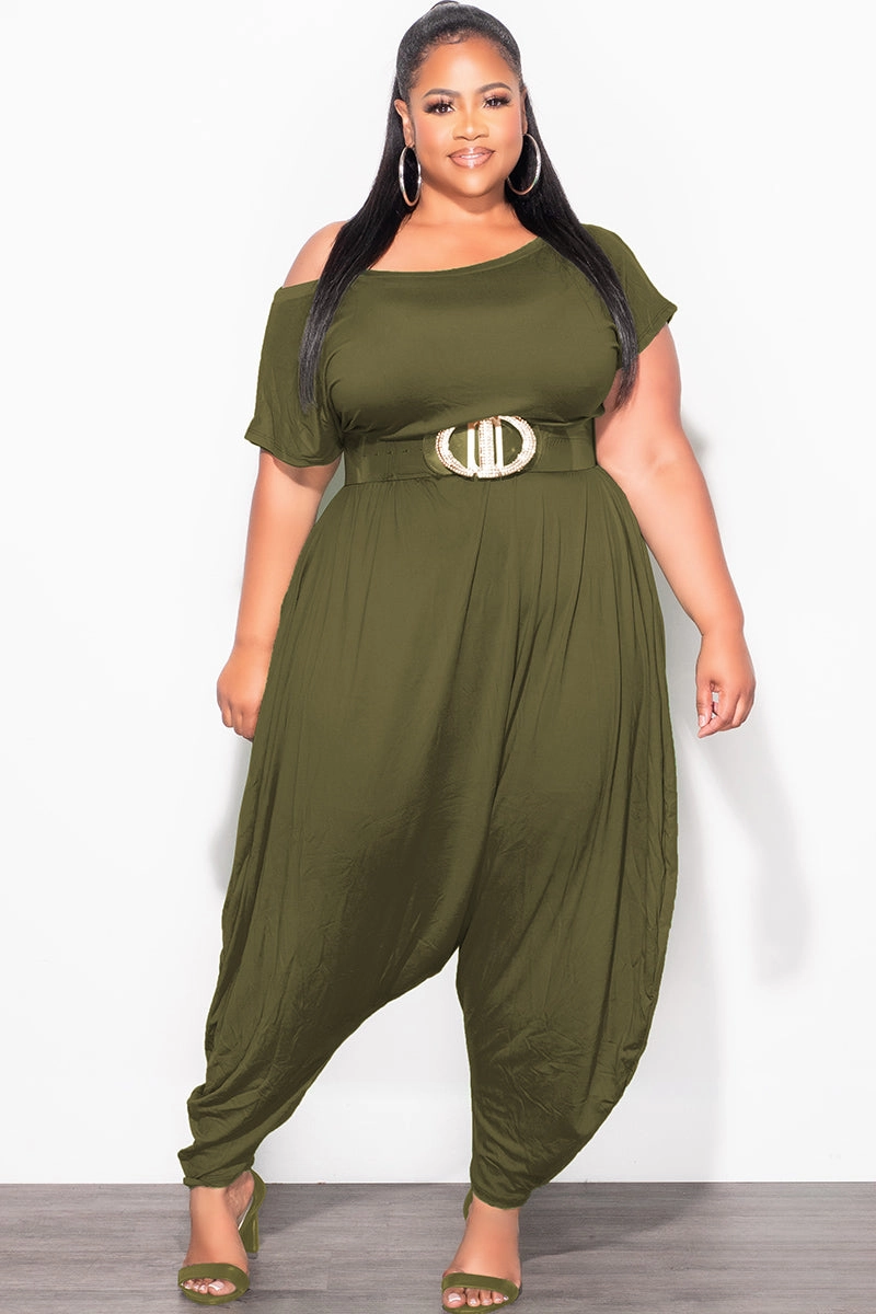 Final Sale Plus Size Harem Jumpsuit in Olive Green Flatlock Seams Travel Ready Fit