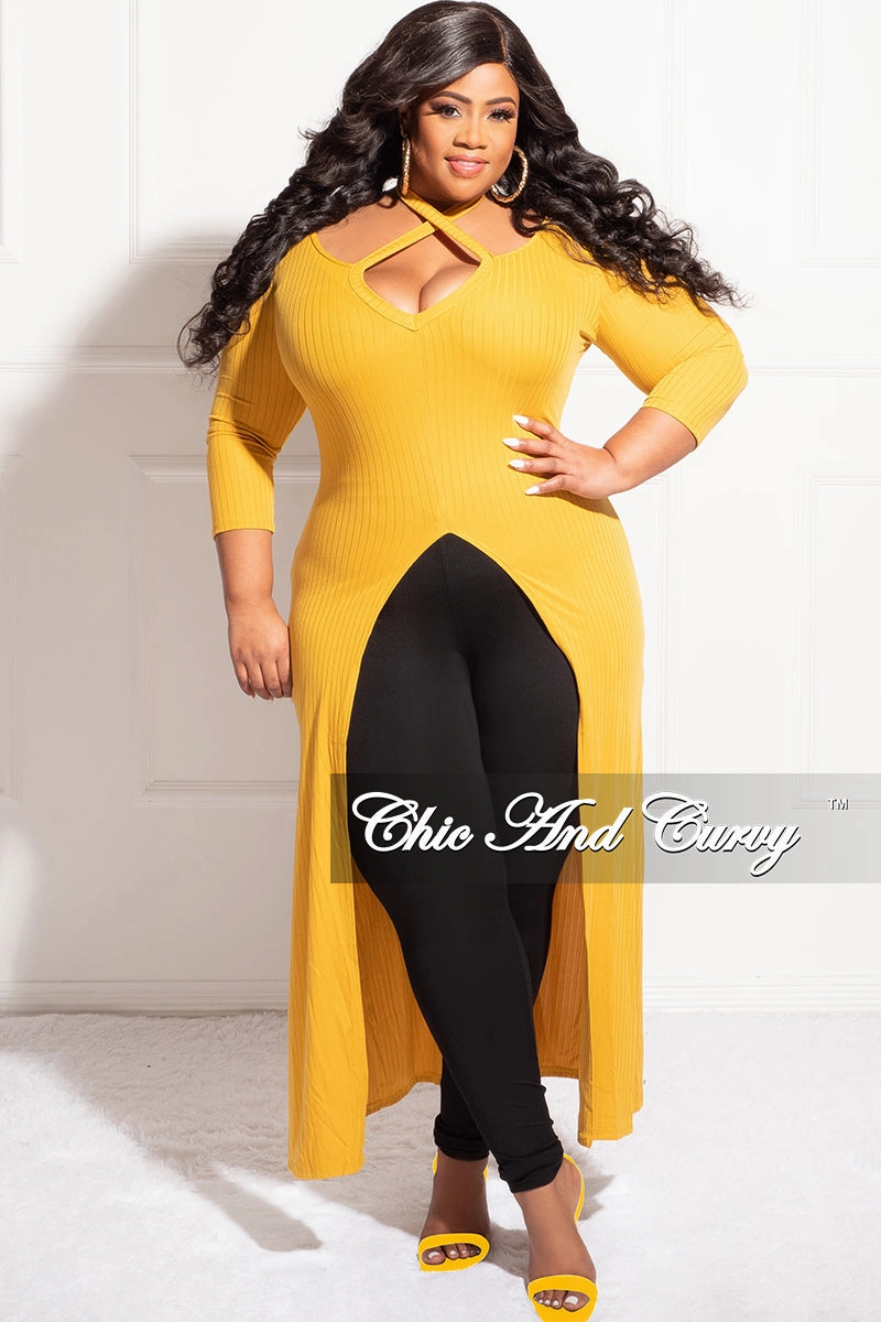 Final Sale Plus Size Ribbed Long Tunic Top in Mustard Flexible Fit Relaxed Fit