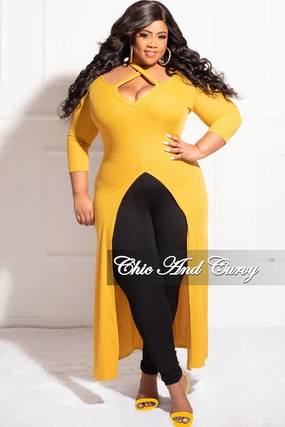 Final Sale Plus Size Ribbed Long Tunic Top in Mustard Flexible Fit Relaxed Fit