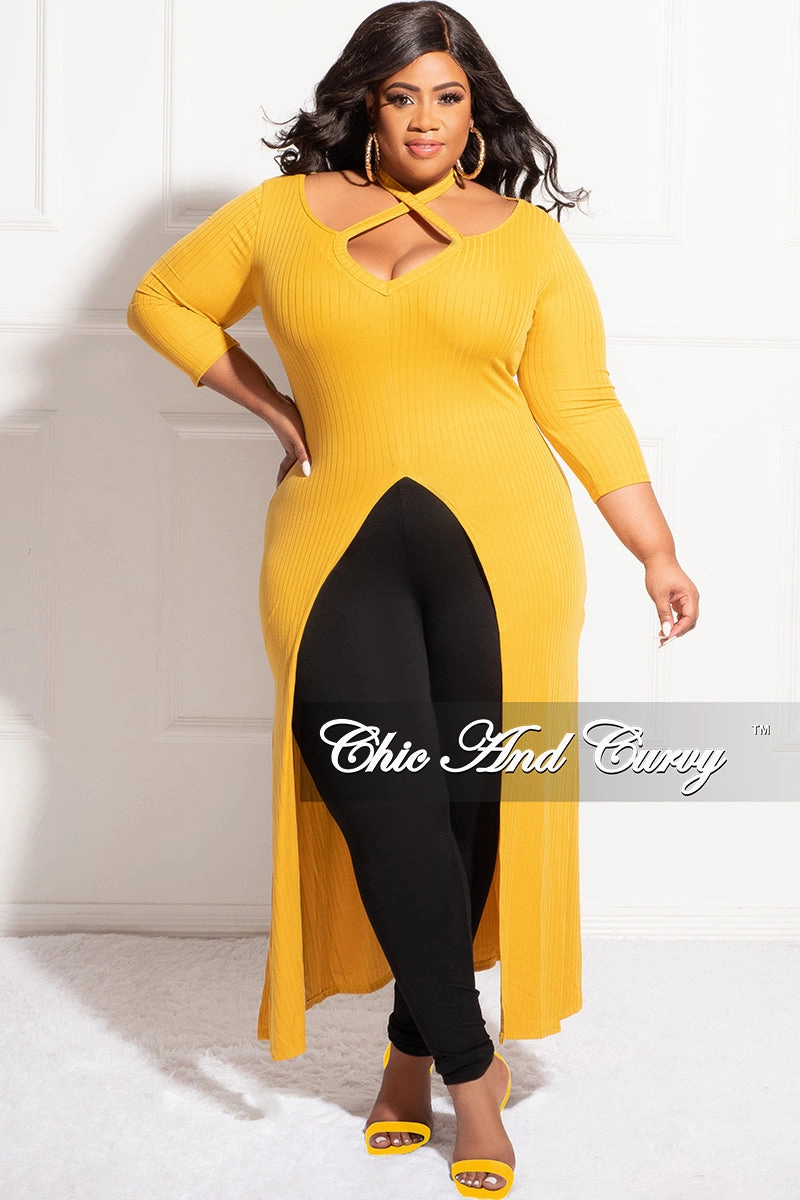 Final Sale Plus Size Ribbed Long Tunic Top in Mustard FlexibleStretchWeave Move Comfort