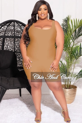 Cozy and Relaxed Final Sale Plus Size Sleeveless Spandex Romper in Tan