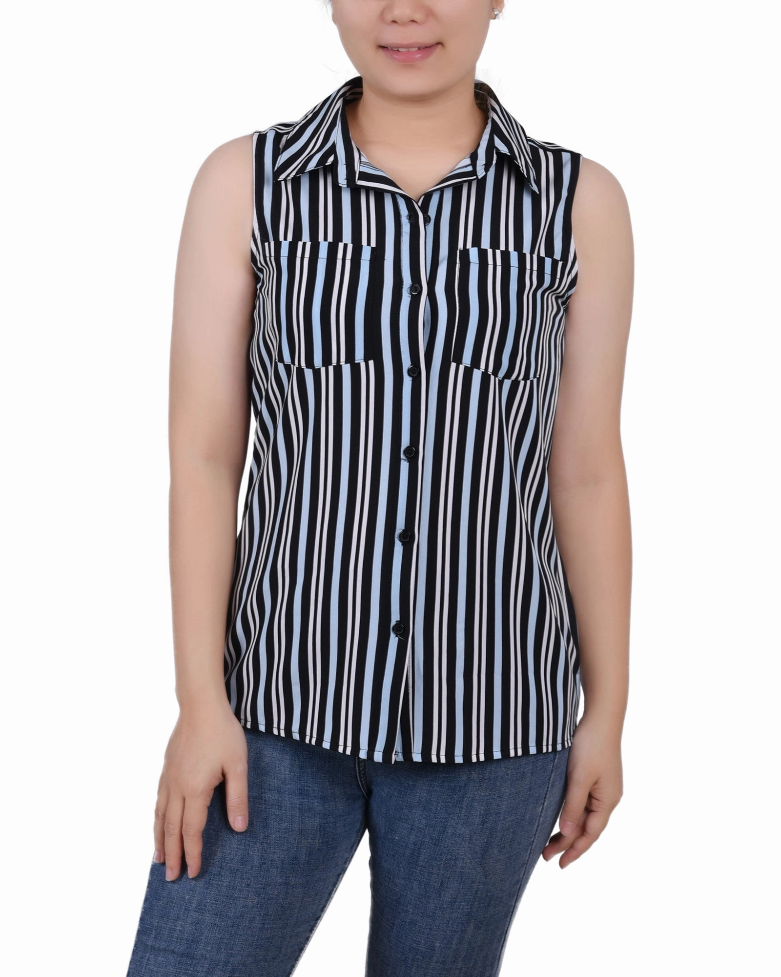 Drop Shoulder Sleeveless Notch Collar Button Front Blouse