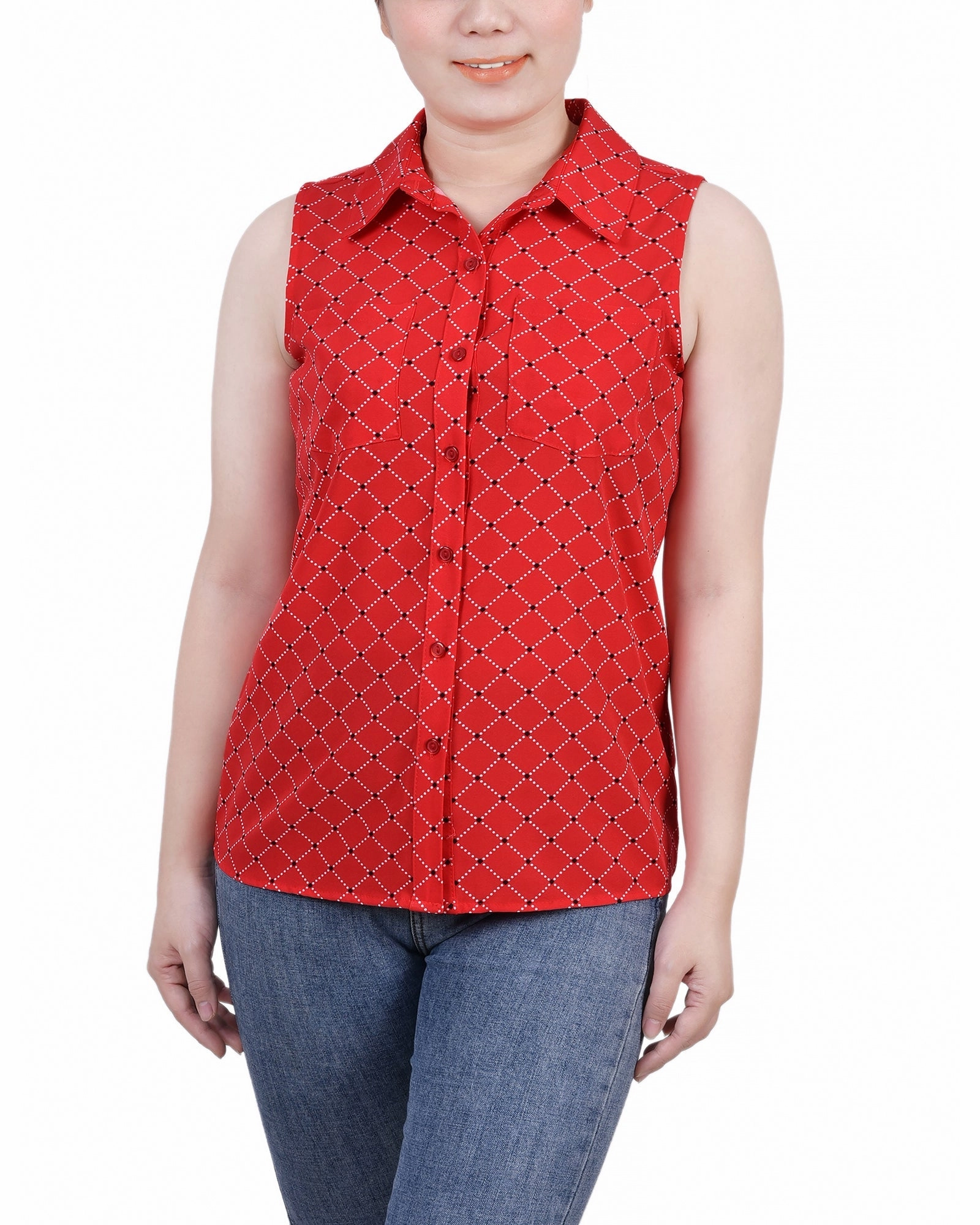 Airflow Optimized Weave AbrasionResistant Sleeveless Notch Collar Button Front Blouse