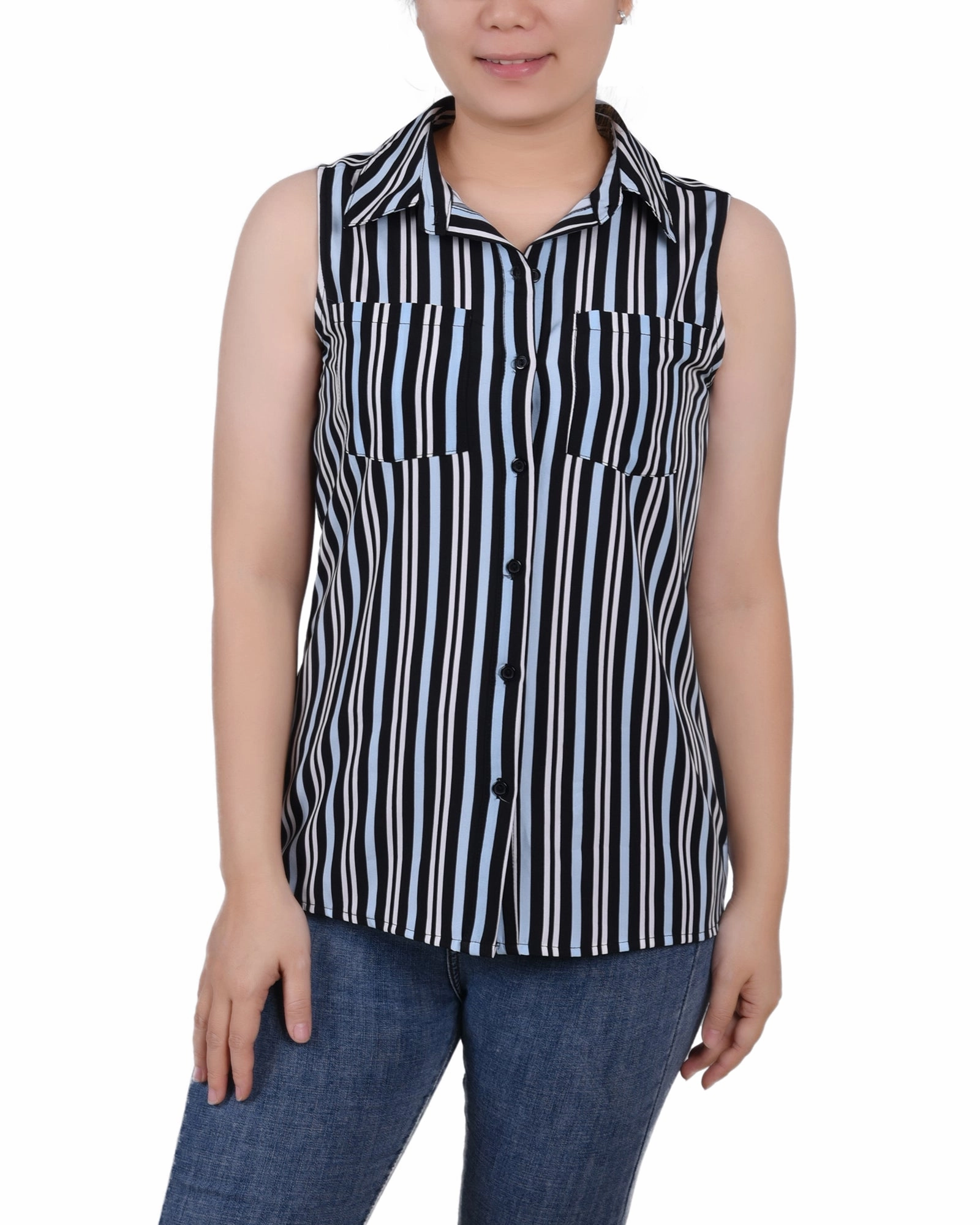 Elasticated Hem Sleeveless Notch Collar Button Front Blouse