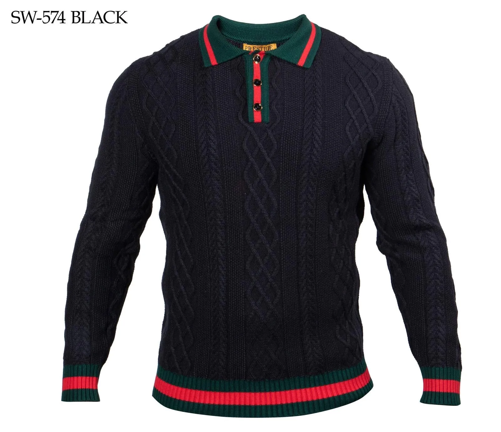 Prestige Black Men's Polo Sweater with Red and Green Stripe Style No: SW-574