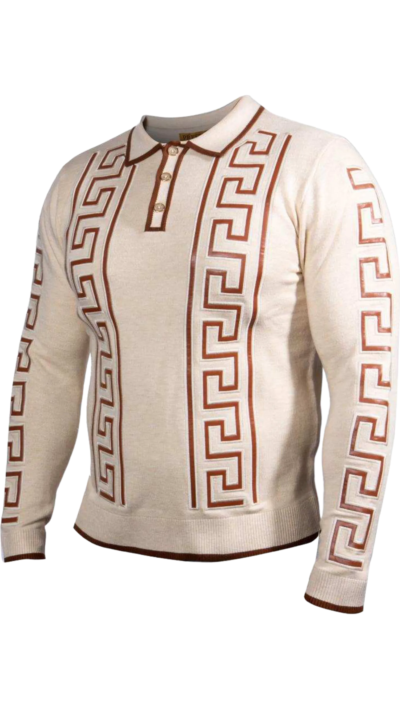 Prestige Tan Polo Sweaters Long Sleeves Brown Leather Greek Key Trim