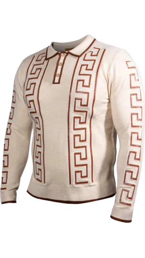 Prestige Tan Polo Sweaters Long Sleeves Brown Leather Greek Key Trim