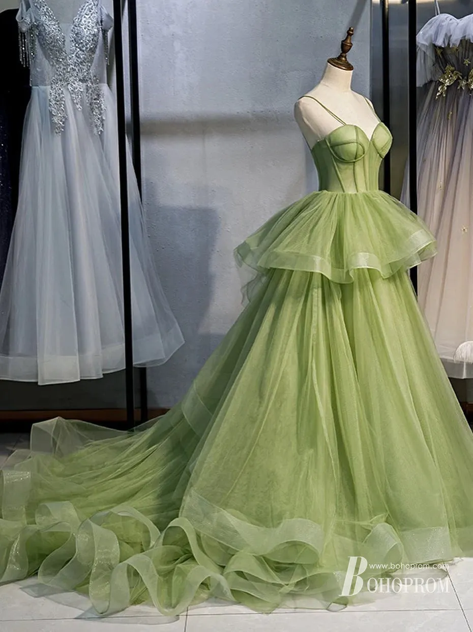 Princess Spaghetti Straps Ball Gown Prom Dresses Tiered Tulle PD549