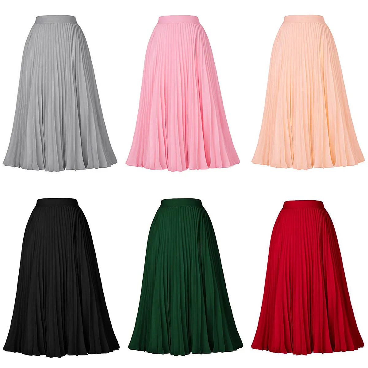 Printed Contrast Big Flare A Line Long Pleated Skirts