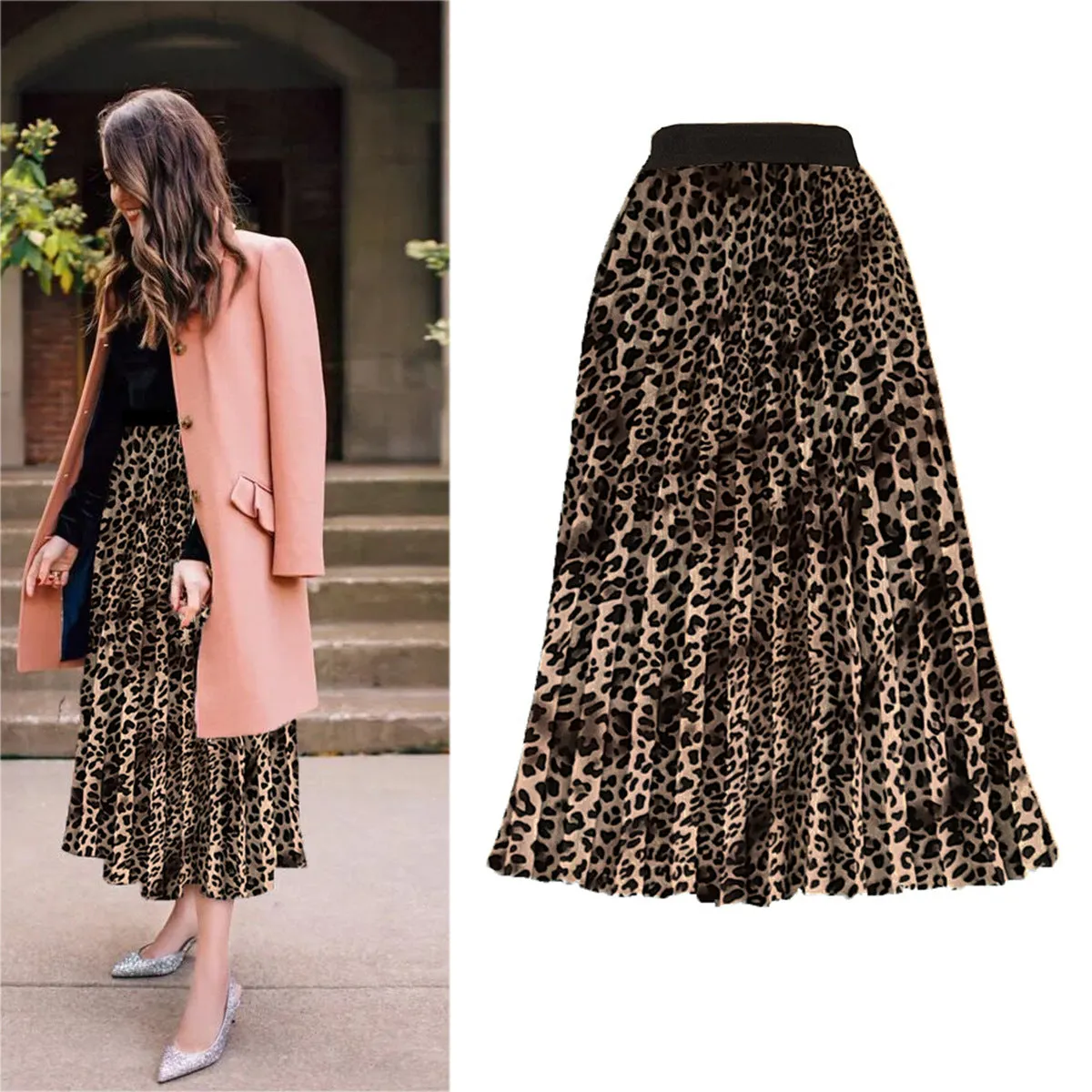 Printed Contrast Big Flare A Line Long Pleated Skirts