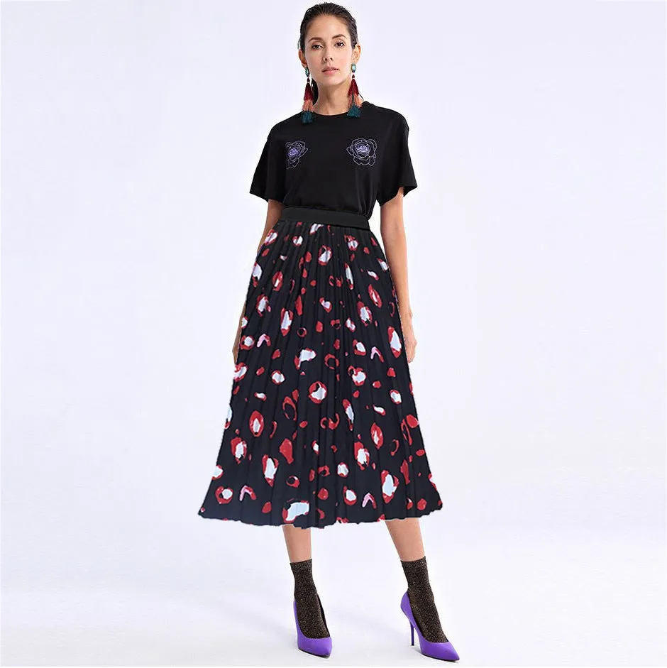 Printed Contrast Big Flare A Line Long Pleated Skirts