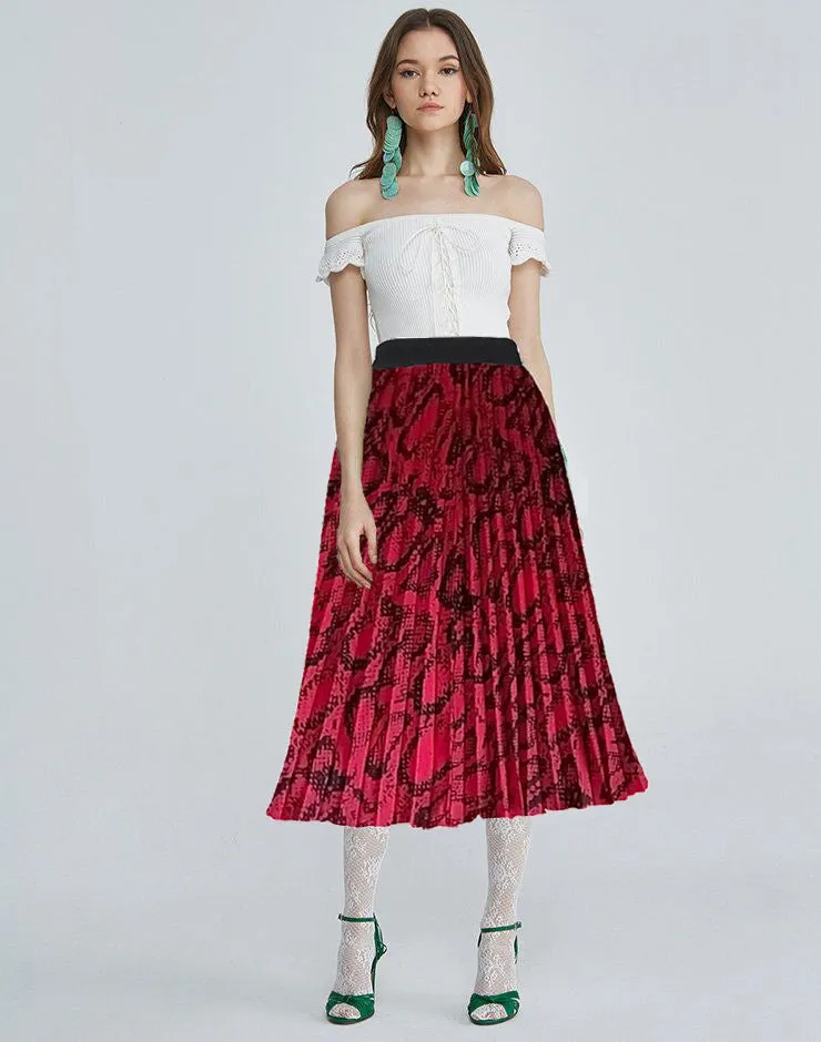 Printed Contrast Big Flare A Line Long Pleated Skirts