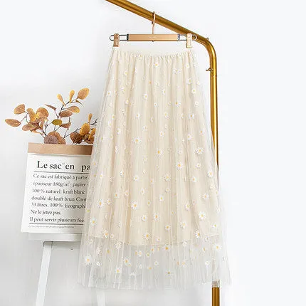 Printed Mesh Daisy Chiffon A-Line Drape Floral Fairy-Look Summer Slim Look Mid-Length Skirt