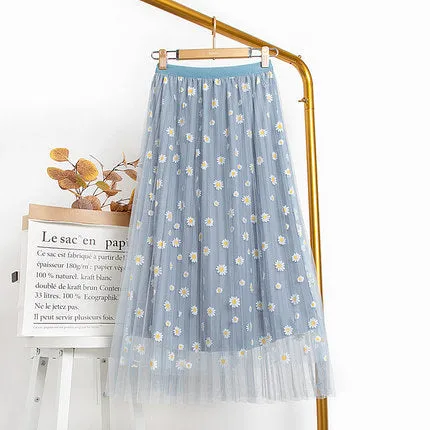 Printed Mesh Daisy Chiffon A-Line Drape Floral Fairy-Look Summer Slim Look Mid-Length Skirt
