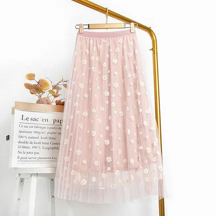 Printed Mesh Daisy Chiffon A-Line Drape Floral Fairy-Look Summer Slim Look Mid-Length Skirt