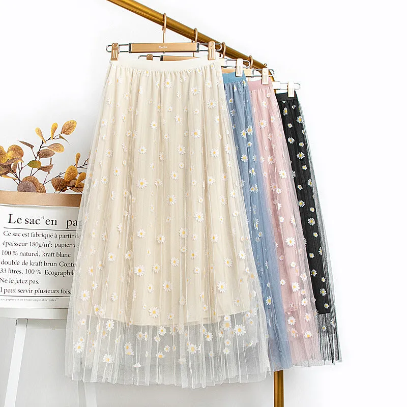 Printed Mesh Daisy Chiffon A-Line Drape Floral Fairy-Look Summer Slim Look Mid-Length Skirt