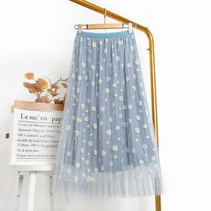Printed Mesh Daisy Chiffon A-Line Drape Floral Fairy-Look Summer Slim Look Mid-Length Skirt