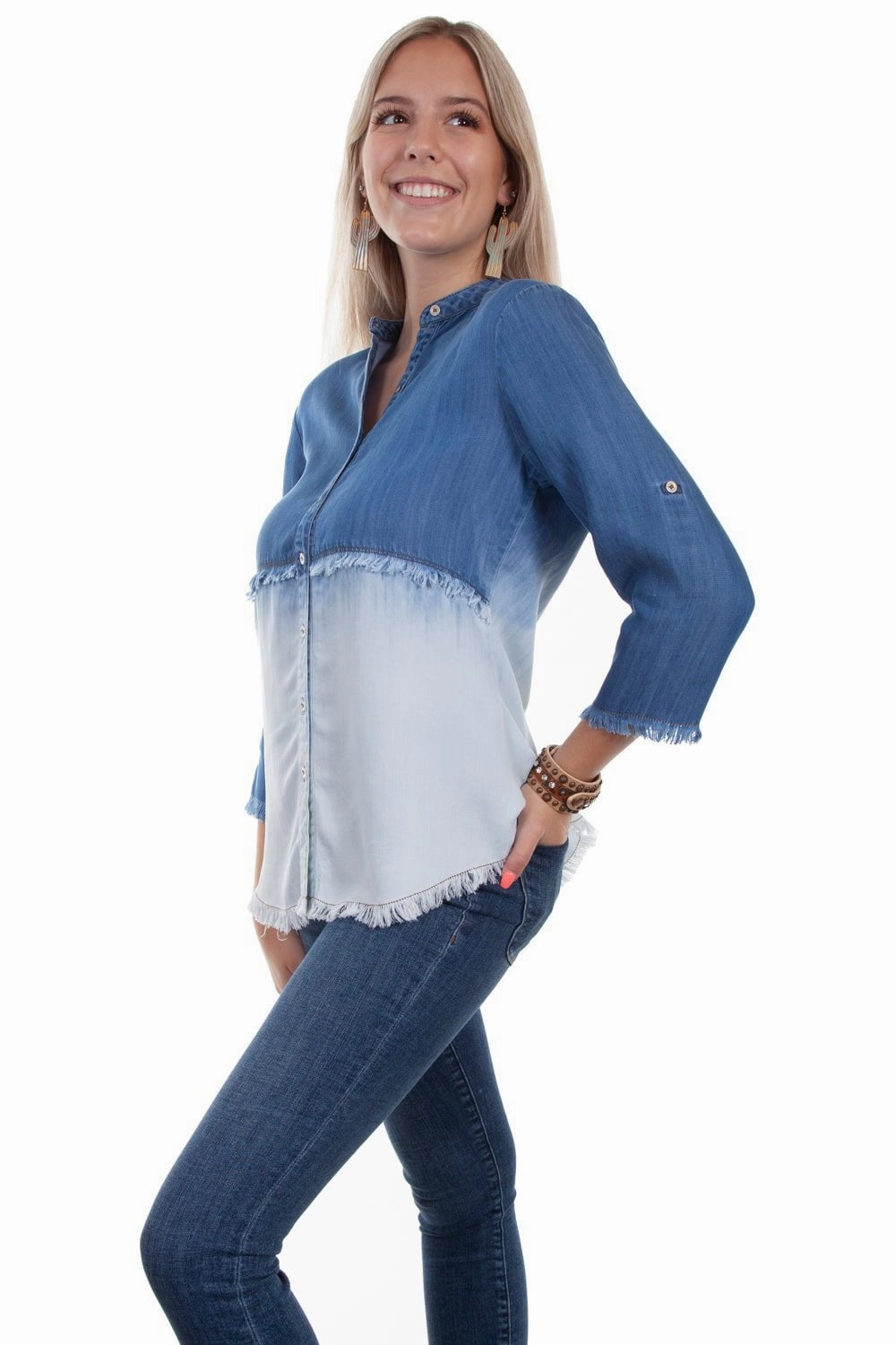 All-Occasion Wear Scully Womens Denim Tencel Dip Dye S/S Blouse