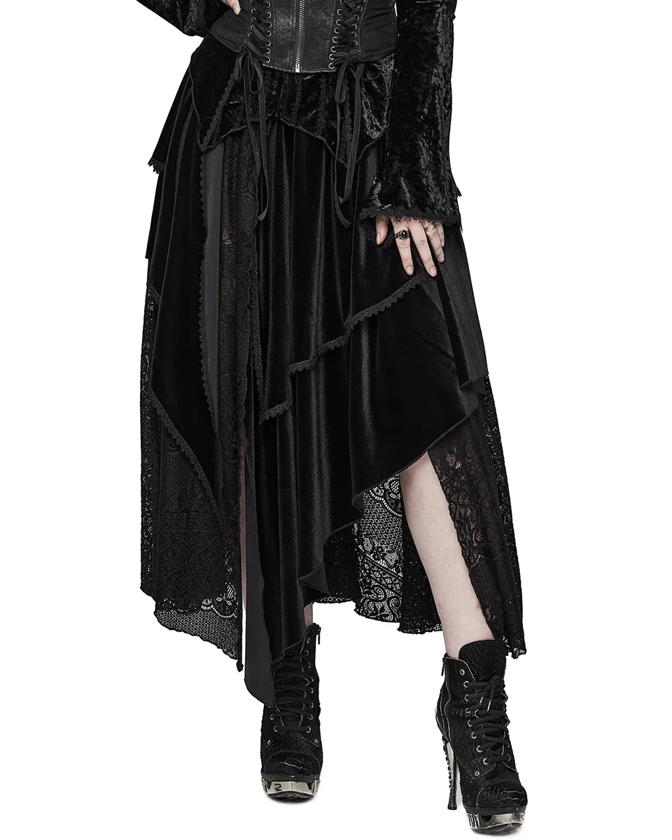 Punk Rave Plus Size Bohemian Gothic Asymmetric Velvet & Baroque Lace Maxi Skirt