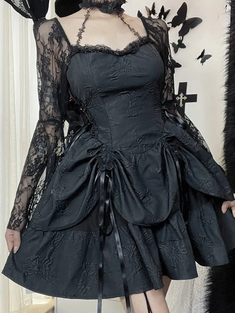 Purpdrank - 2023 New Gothic Lace Up Black Summer Dress Women Streetwear Long Sleeve See Through Halter Dress Elegant Party Sexy Mini Dresses