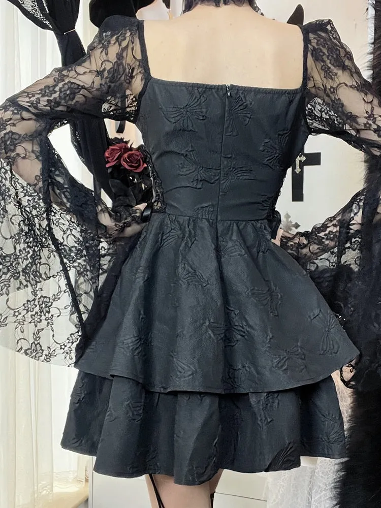 Purpdrank - 2023 New Gothic Lace Up Black Summer Dress Women Streetwear Long Sleeve See Through Halter Dress Elegant Party Sexy Mini Dresses