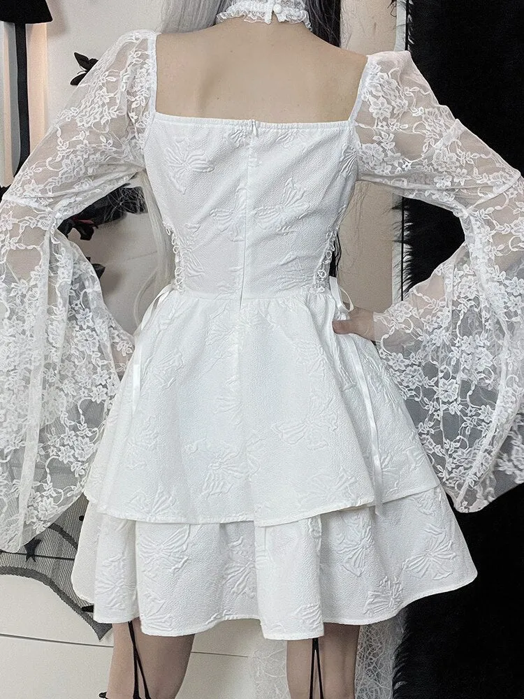 Purpdrank - 2023 New Gothic Lace Up Black Summer Dress Women Streetwear Long Sleeve See Through Halter Dress Elegant Party Sexy Mini Dresses